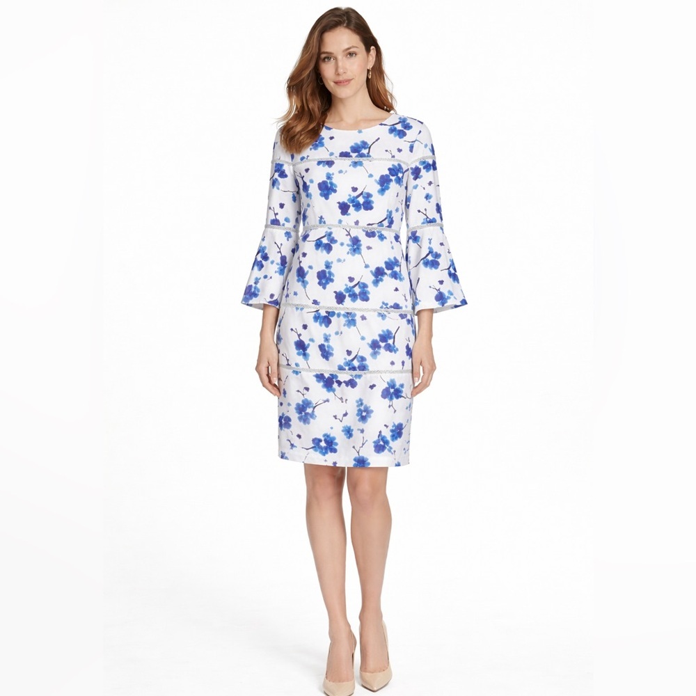NWT Lauren Ralph Lauren – White Blue Floral Lace Panel Dress – Size 12